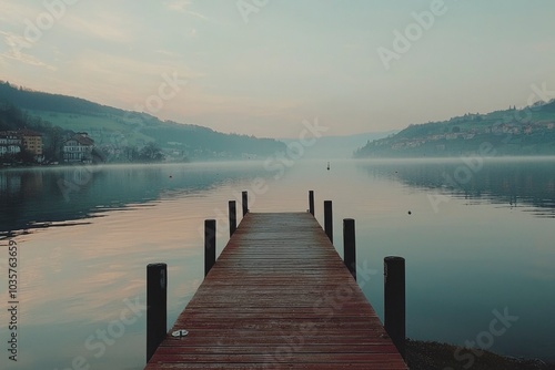 Wooden Dock Extending into a Misty Lake with Distant Hills