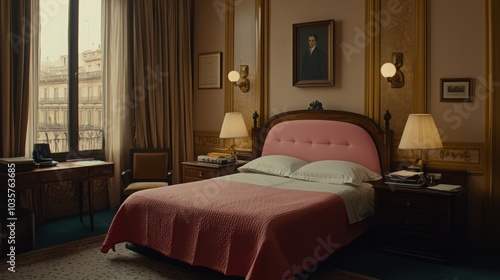 Cozy hotel bedroom featuring a pink bed, soft lighting, and elegant decor, perfect for relaxation and comfort.