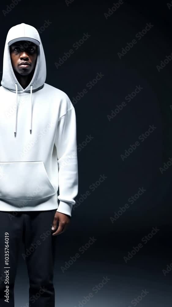 A young black man in a white hoodie stands in a dark studio A young black man in a white hoodie stands in a dark studio