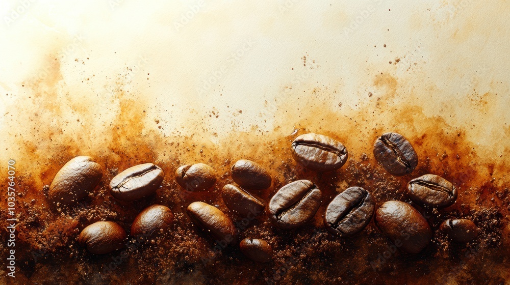 Coffee Beans with Ground Coffee Dust Background Coffee Beans with Ground Coffee Dust Background