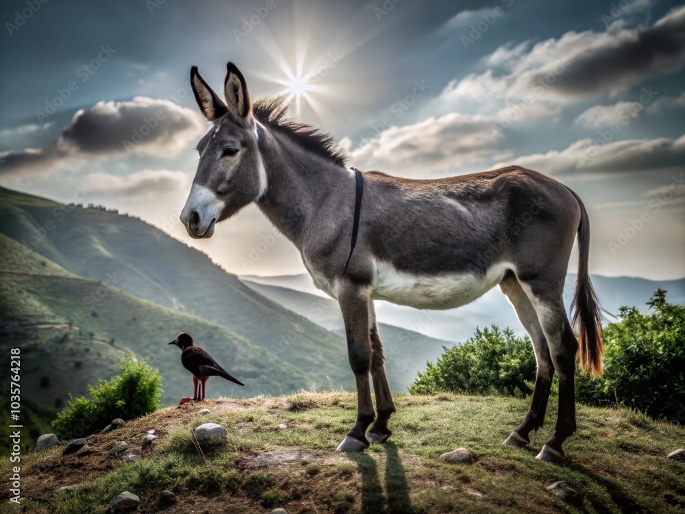Majestic Landscape of Dipkarpaz: Magpie on Wild Donkey in Northern Cyprus Nature Scene Majestic Landscape of Dipkarpaz: Magpie on Wild Donkey in Northern Cyprus Nature Scene