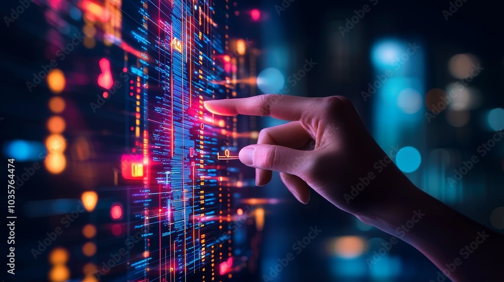 A hand interacts with a colorful digital interface, showcasing advanced technology and data visualization in a futuristic environment. A hand interacts with a colorful digital interface, showcasing advanced technology and data visualization in a futuristic environment.
