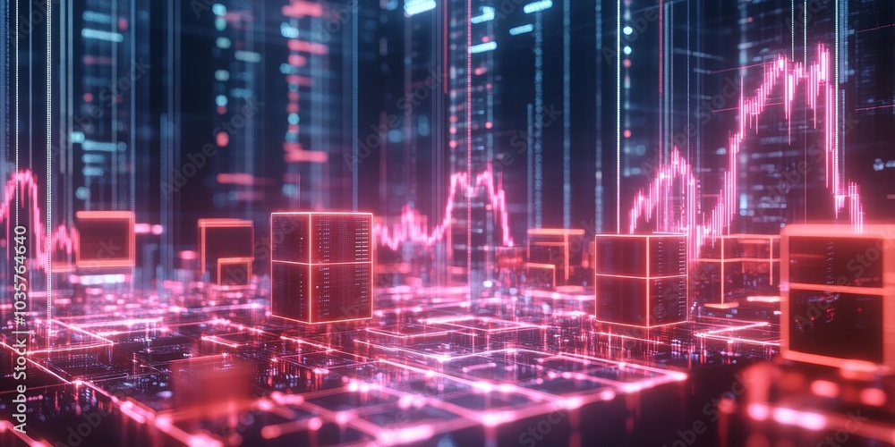 Glowing red lines and cubes in a digital space. Glowing red lines and cubes in a digital space.