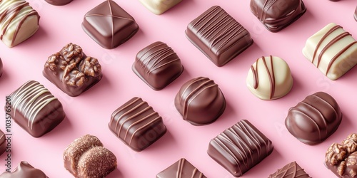 Exquisite Chocolate Bonbons Organized Neatly on a Pink Background for a Sweet Visual Delight photo