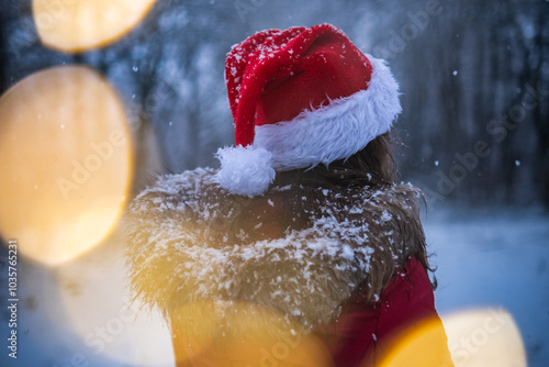 Frau mit Weihnachtsmütze im Schneegestöber mit leuchtendem Bokeh photo