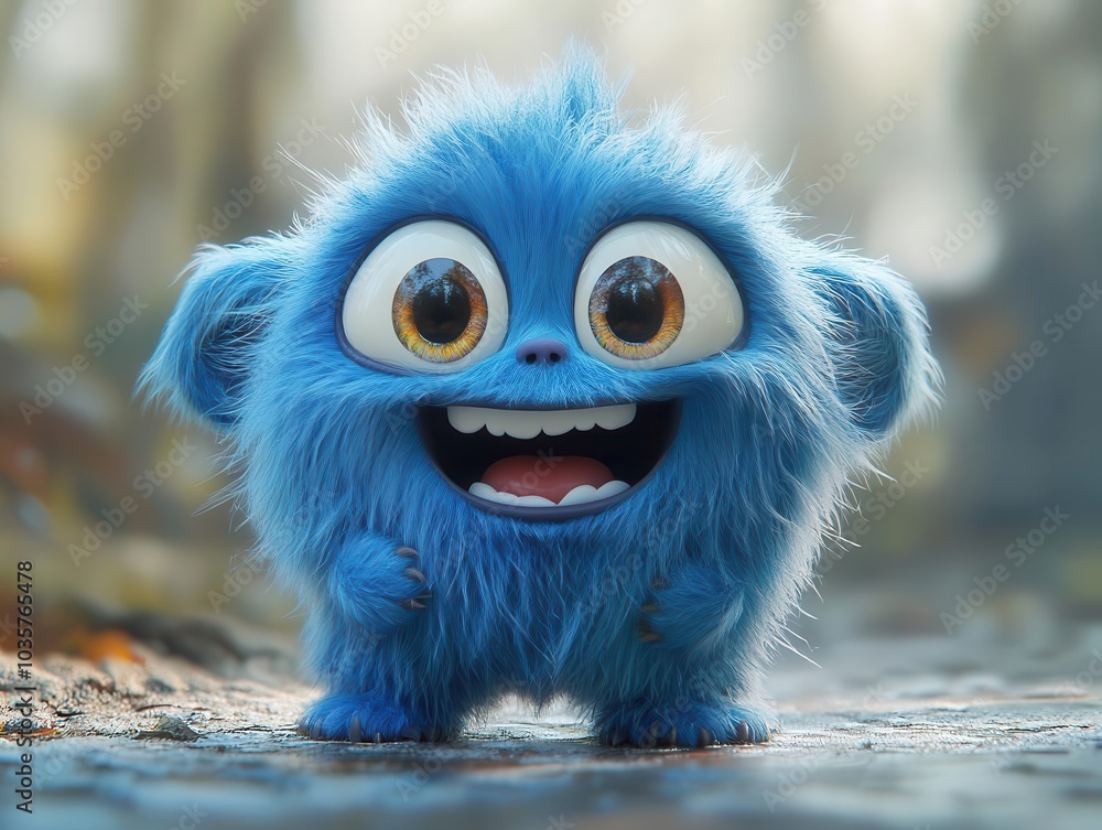 whimsical blue furry monster character with a friendly smile, featuring large expressive eyes and a playful pose, designed to charm and delight in a colorful cartoon style
