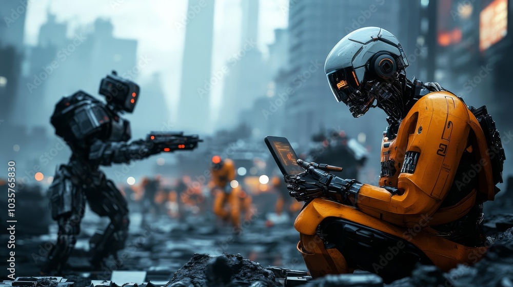 Cybernetic outcasts, hiding in ruined city, fighting against robotic enforcers Cybernetic outcasts, hiding in ruined city, fighting against robotic enforcers