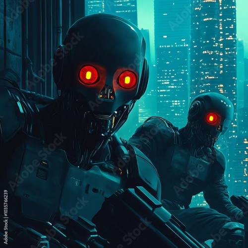 Cybernetic rebels, hiding in underground bunkers, battling robotic overlords, dystopian cityscape photo