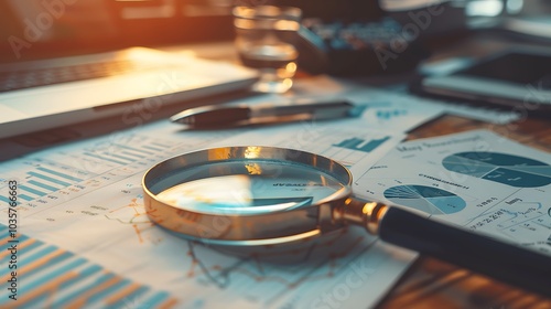 A workspace featuring analysis documents, a magnifying glass, and a laptop, emphasizing data examination.