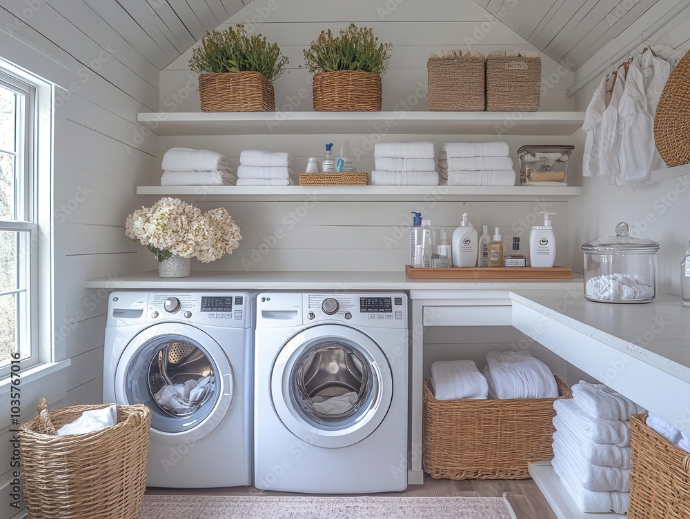 white countertop in a laundry room set for product presentation, featuring a washing machine and neatly arranged shelves with laundry essentials, presenting a clean and organized space white countertop in a laundry room set for product presentation, featuring a washing machine and neatly arranged shelves with laundry essentials, presenting a clean and organized space