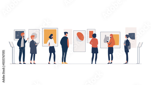 Flat illustration of people in an art gallery, interacting with various works of modern and traditional contemporary art Vector illustration.