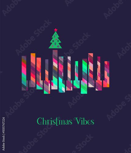 Christmas Vibes Holiday Music colorful vector icon. Winter Season Holidays Live Music event. Piano, x-mas tree cartoon illustration. Christmas Tunes, Festive Night celebration, performance background