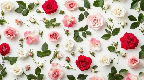 Romantic floral composition with red, pink, and white roses scattered on white background, creating a delicate and elegant pattern for Valentine's Day.
