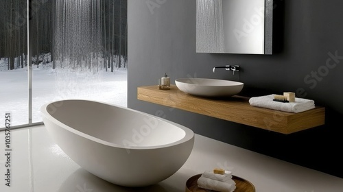 Modern bathroom featuring a sleek bathtub and minimalist design elements for a serene retreat.