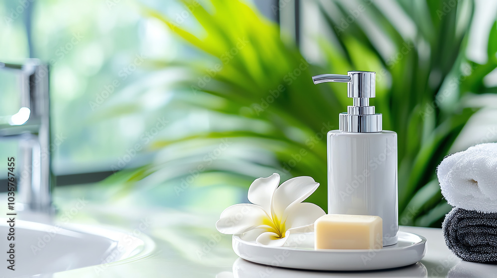 Elegant bathroom decor featuring soap dispenser and natural elements for a spa-like experience Elegant bathroom decor featuring soap dispenser and natural elements for a spa-like experience