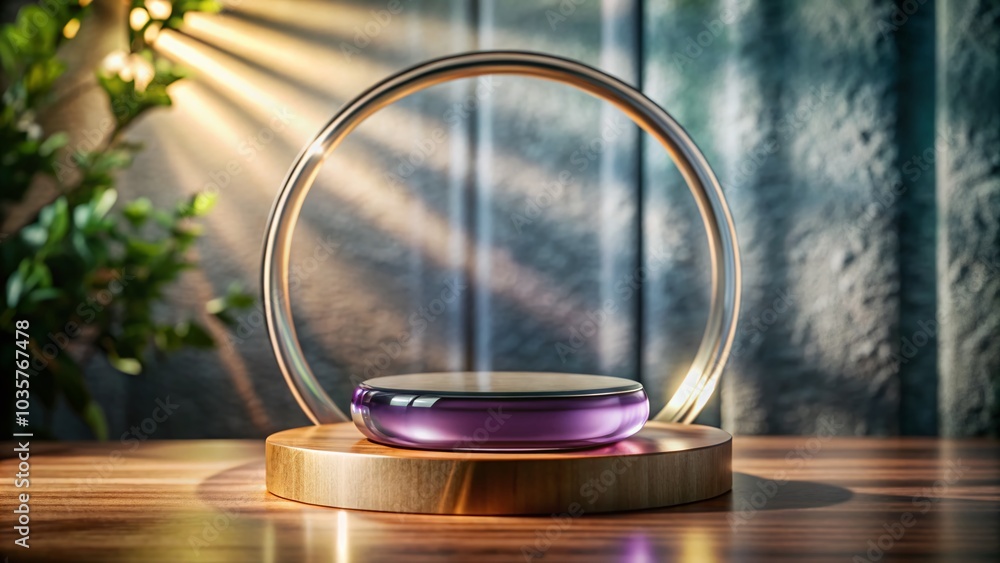 Minimalist 3D Purple Podium with Transparent Glass Circle and Gradient Background for Elegant Product Display Minimalist 3D Purple Podium with Transparent Glass Circle and Gradient Background for Elegant Product Display