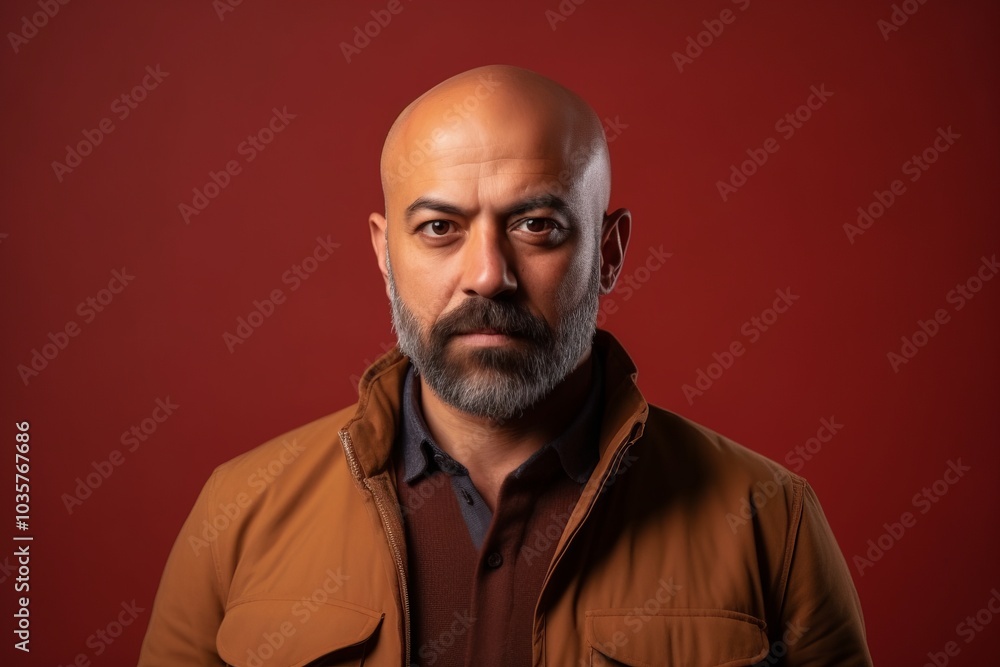 Portrait of a bald man in a brown jacket on a red background Portrait of a bald man in a brown jacket on a red background