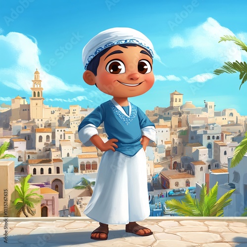 Cartoon character in Algerian karakou, standing proudly with a cityscape behind photo