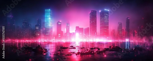 Dark dystopian skyline, neon lights flickering, advanced tech debris scattered
