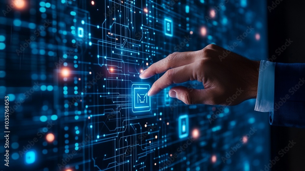 Hand touching digital interface with glowing email icon, surrounded by network of data points and binary code, symbolizing modern communication technology. Hand touching digital interface with glowing email icon, surrounded by network of data points and binary code, symbolizing modern communication technology.