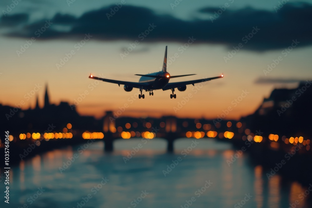 Airplane Over City. AI generated illustration. Airplane Over City. AI generated illustration.