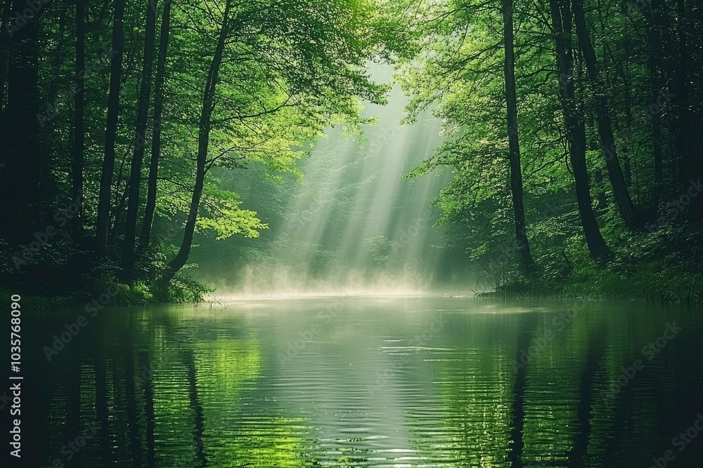Obraz premium Sunbeams Shining Through Dense Forest Canopy, Illuminating Still Water