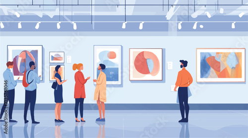 Flat illustration of people in an art gallery, interacting with various works of modern and traditional contemporary art Vector illustration.