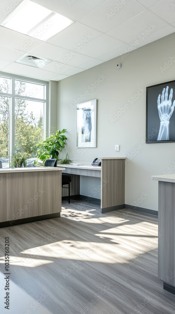 bright and inviting clinic scene featuring modern reception area with natural light, plants, and medical x ray image on wall, creating welcoming atmosphere bright and inviting clinic scene featuring modern reception area with natural light, plants, and medical x ray image on wall, creating welcoming atmosphere