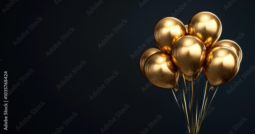 Elegant Cluster of Shiny Golden Balloons on Dark Background Elegant Cluster of Shiny Golden Balloons on Dark Background