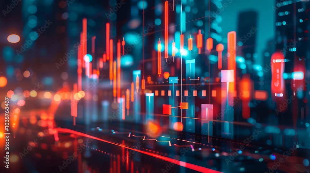 A digital representation of stock market trends with vibrant candlestick charts and city lights in the background. A digital representation of stock market trends with vibrant candlestick charts and city lights in the background.