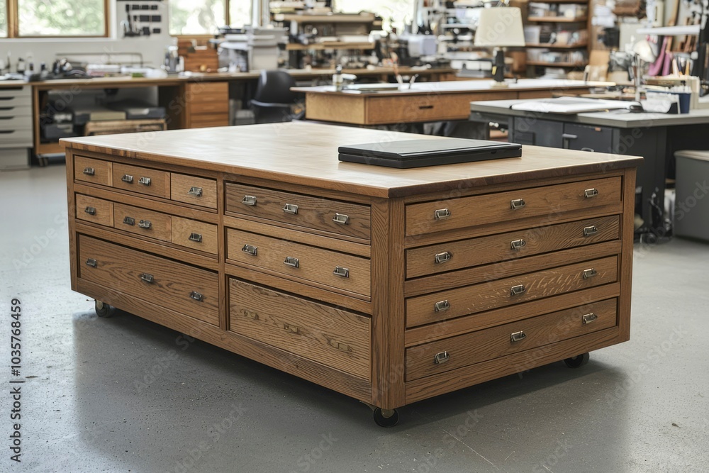 Wooden Cabinet with Multiple Drawers and a Laptop on Top Wooden Cabinet with Multiple Drawers and a Laptop on Top