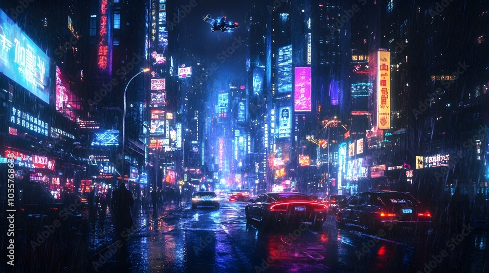 Cyberpunk cityscape with flying cars neon billboards and rain-soaked streets Cyberpunk cityscape with flying cars neon billboards and rain-soaked streets