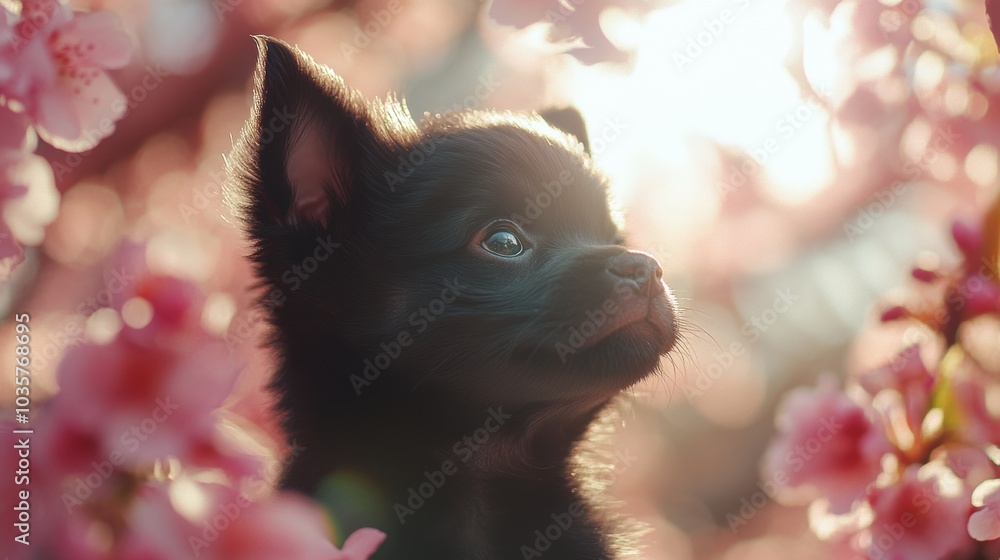 Black Puppy Spring Flowers.