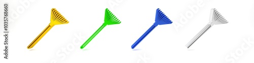 Colorful Garden rake for leaves icon isolated on white background. Tool for horticulture, agriculture, farming. Ground cultivator. Minimalism concept. 3D render illustration