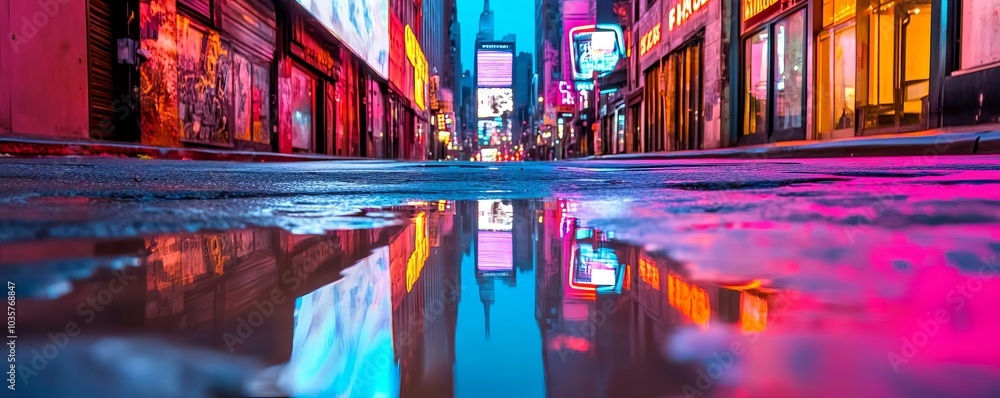 Obraz premium Desolate streets, holographic billboards malfunctioning, neon lights reflecting off puddles