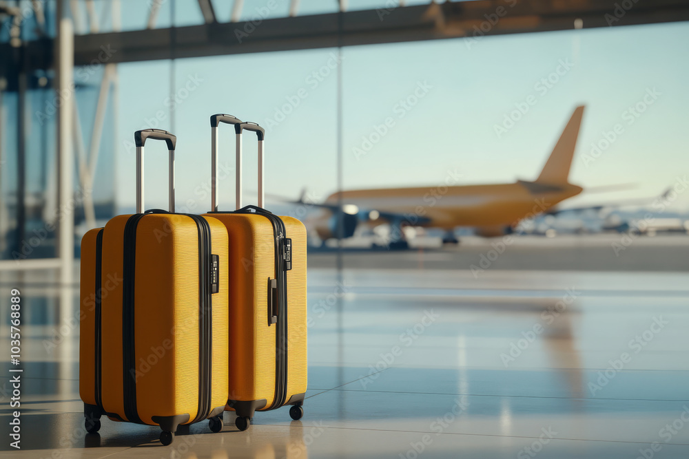 Two yellow suitcases stand in airport terminal with plane visible through large windows, evoking sense of travel and adventure Two yellow suitcases stand in airport terminal with plane visible through large windows, evoking sense of travel and adventure