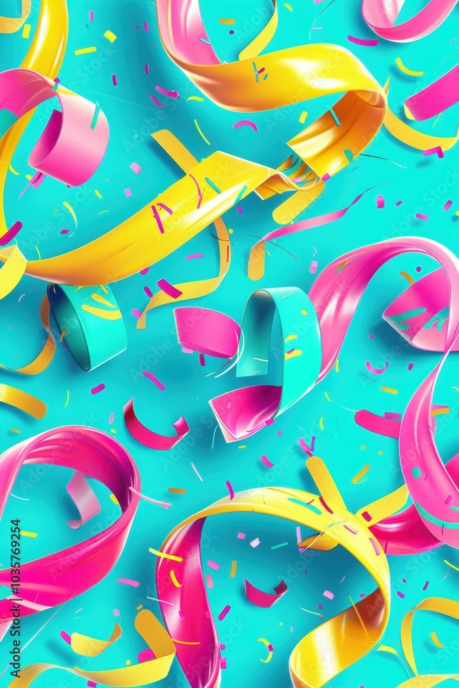 Fototapeta premium Energetic Abstract Birthday Background with Swirling Ribbons and Bold Confetti in Neon Colors