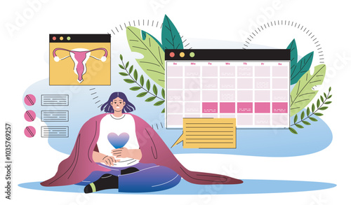 Woman with menstrual period calendar. Young girl sits near calendar. Female reproductive system. Anatomy and biology. Gynecology and hygiene. Flat vector illustration