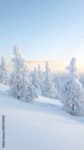 serene winter landscape with snow covered pine trees under clear sky, creating peaceful and tranquil atmosphere. soft light enhances beauty of snowy scene