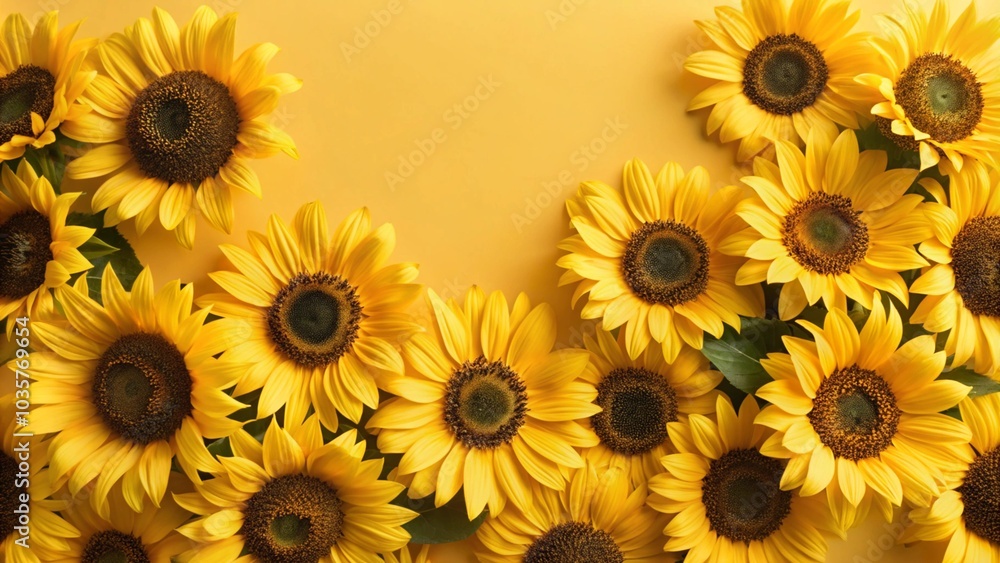 A yellow background with multiple sunflowers arranged in a semi-circle on the bottom of the image. A yellow background with multiple sunflowers arranged in a semi-circle on the bottom of the image.