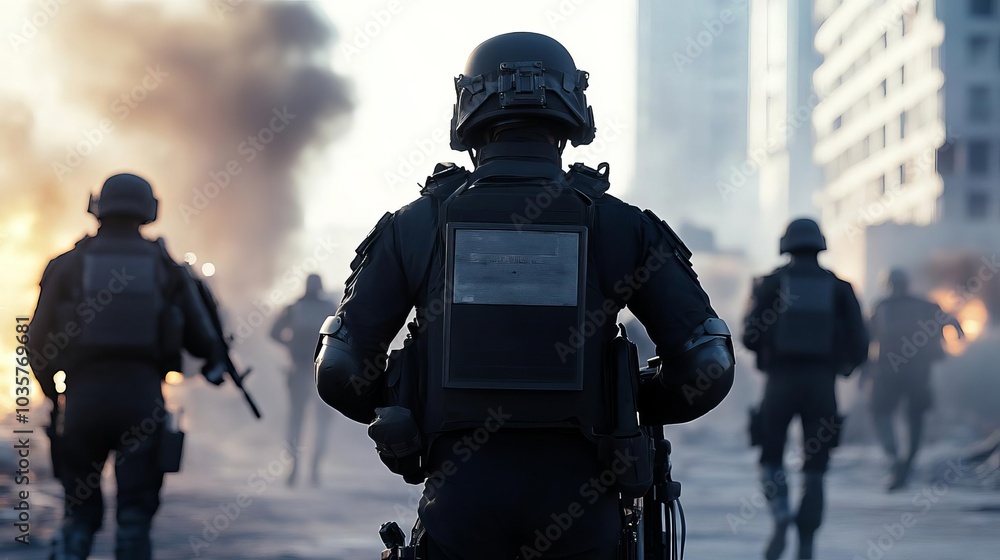 Dystopian soldiers, advanced tech weapons, crumbling urban battlefield, smoke-filled air Dystopian soldiers, advanced tech weapons, crumbling urban battlefield, smoke-filled air