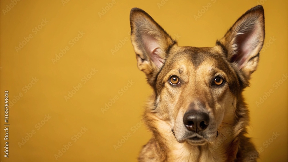A brown and black dog with large ears stares intently at the camera against a yellow background. A brown and black dog with large ears stares intently at the camera against a yellow background.
