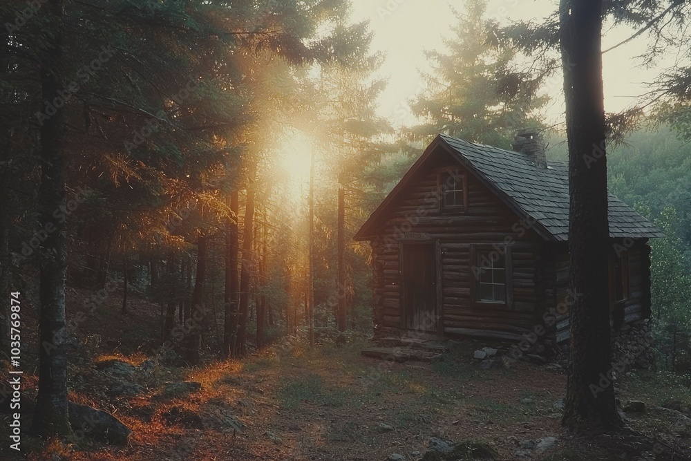 A Log Cabin in a Misty Forest Bathed in Golden Sunlight A Log Cabin in a Misty Forest Bathed in Golden Sunlight