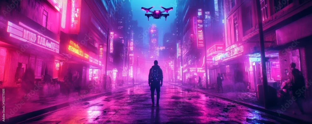 Obraz premium Dystopian urban decay, neon-lit streets, crumbling high-tech buildings, malfunctioning drones