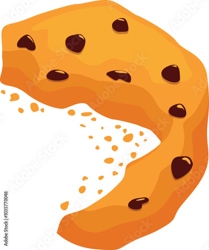 Cartoon illustration of a delicious chocolate chip cookie crumbling leaving crumbs