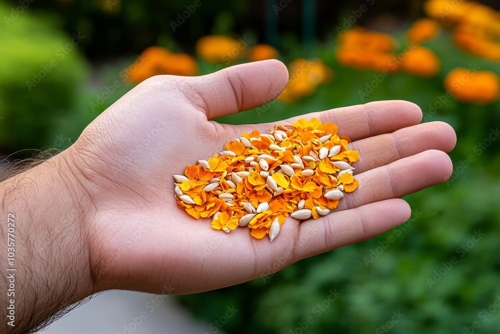 A close-up of marigold seeds, arranged neatly on a gardener’s hand A close-up of marigold seeds, arranged neatly on a gardener’s hand