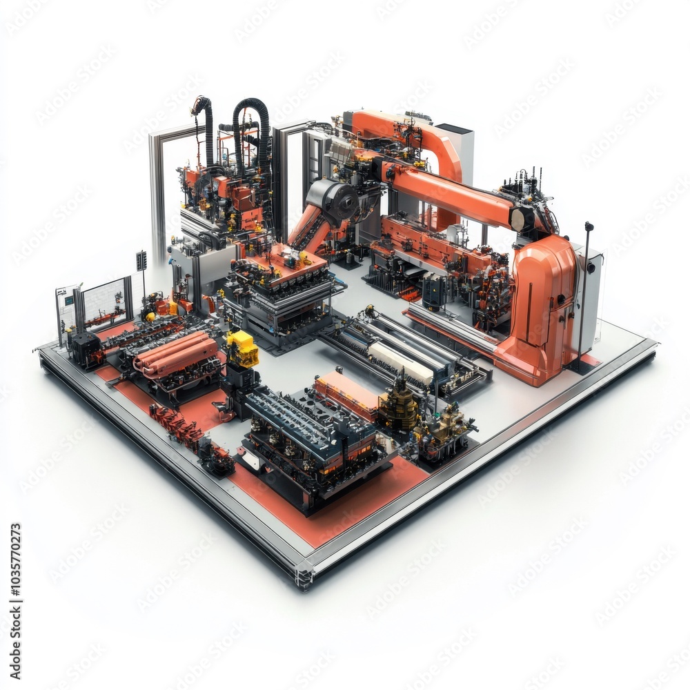 Complex industrial machine setup with robotics and conveyor belts in factory setting Complex industrial machine setup with robotics and conveyor belts in factory setting