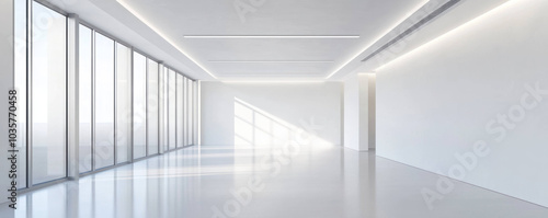 Modern office hallway with large windows and bright lighting, creating spacious and airy atmosphere. minimalist design enhances feeling of openness and tranquility