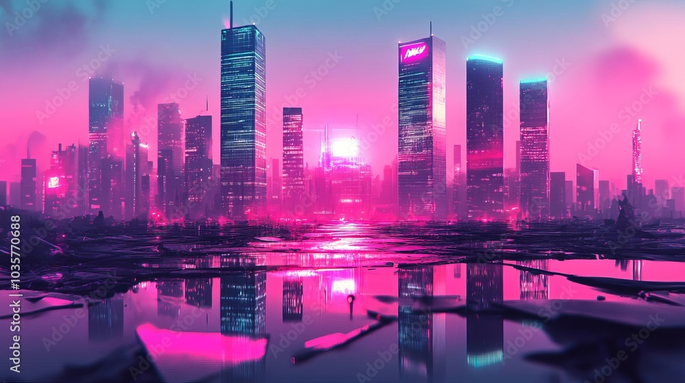 Obraz premium Futuristic skyscrapers, decaying structures, neon lights reflecting off broken glass