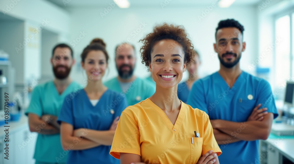 Nurse in yellow scrubs standing in front of a diverse group of healthcare professionals in a hospital. Smiling Nurse Leading Multicultural Medical Team in Hospital Nurse in yellow scrubs standing in front of a diverse group of healthcare professionals in a hospital. Smiling Nurse Leading Multicultural Medical Team in Hospital